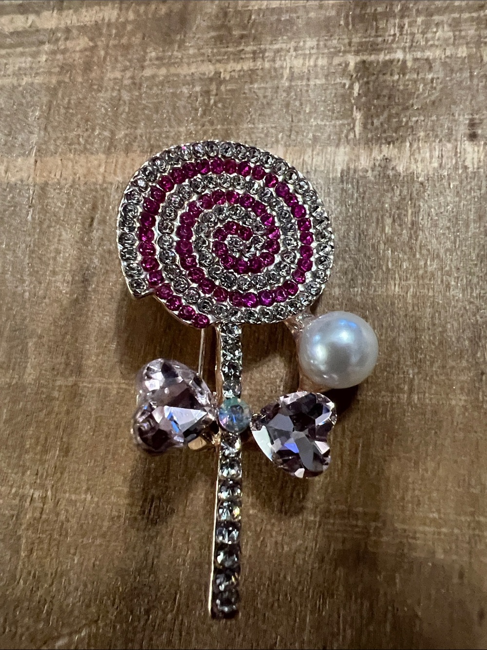 3/$18 Crystal Lollipop Brooch Pin with Pink Accents and Pearl Lot 6063